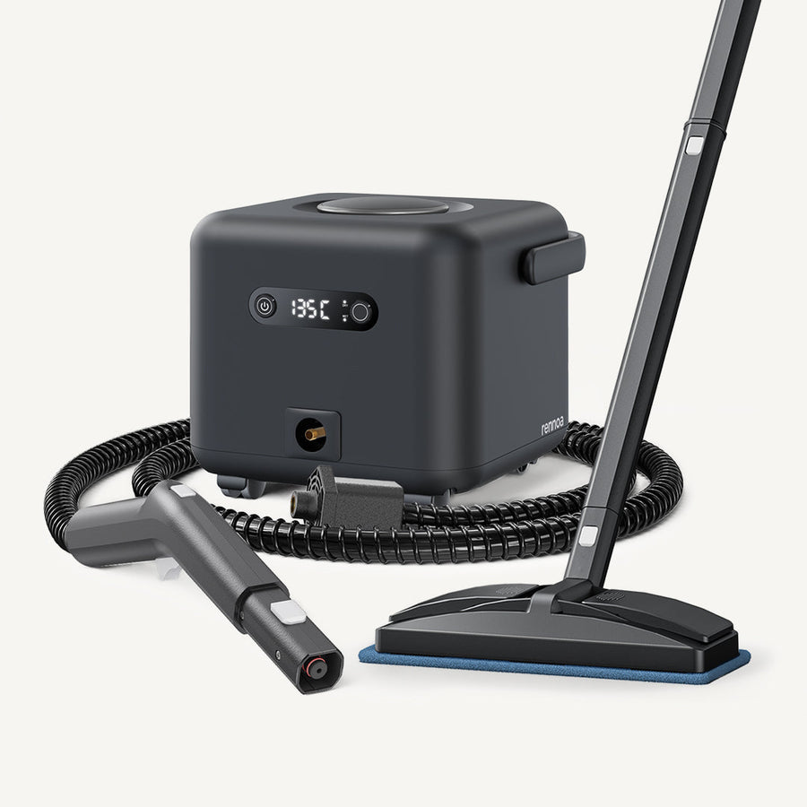 Mørkegrå Rennoa SteamCleaner Pro med display, slange og gulvmoppe