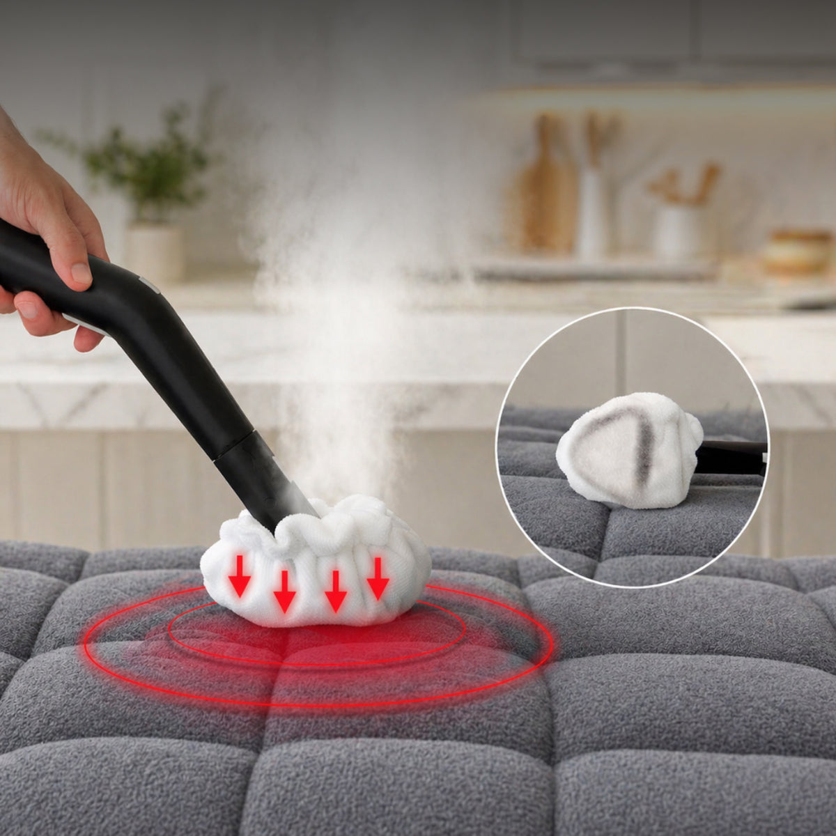Rennoa SteamCleaner Pro med mikrofiberhætte damprenser gråt sofastof, og hætten opsamler snavs